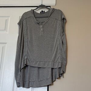 POL Gray Hooded High-Lo Top with Lace-Trim Panels